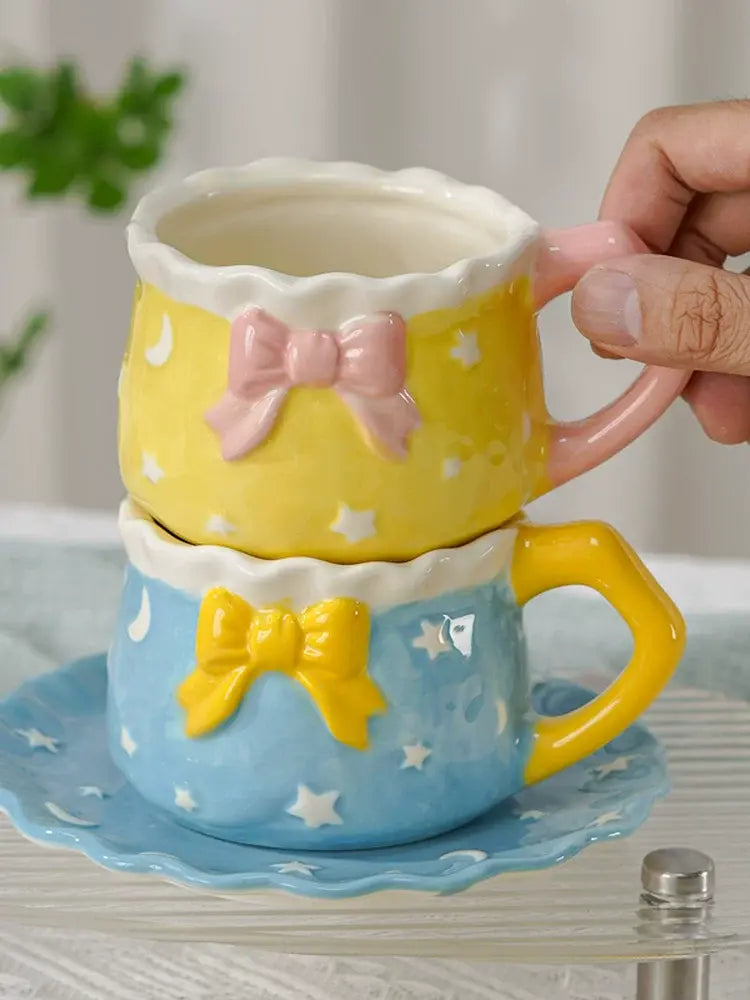Kawaii Bow Ceramic Cup & Saucer Set  Cute Pastel Coffee & Tea Mug Star & Moon Design Sparkels  Sparkels
