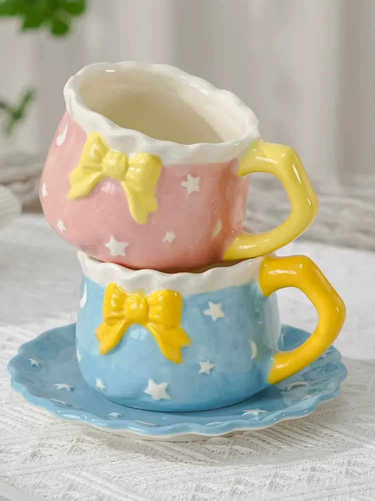 Kawaii Bow Ceramic Cup & Saucer Set  Cute Pastel Coffee & Tea Mug Star & Moon Design Sparkels  Sparkels