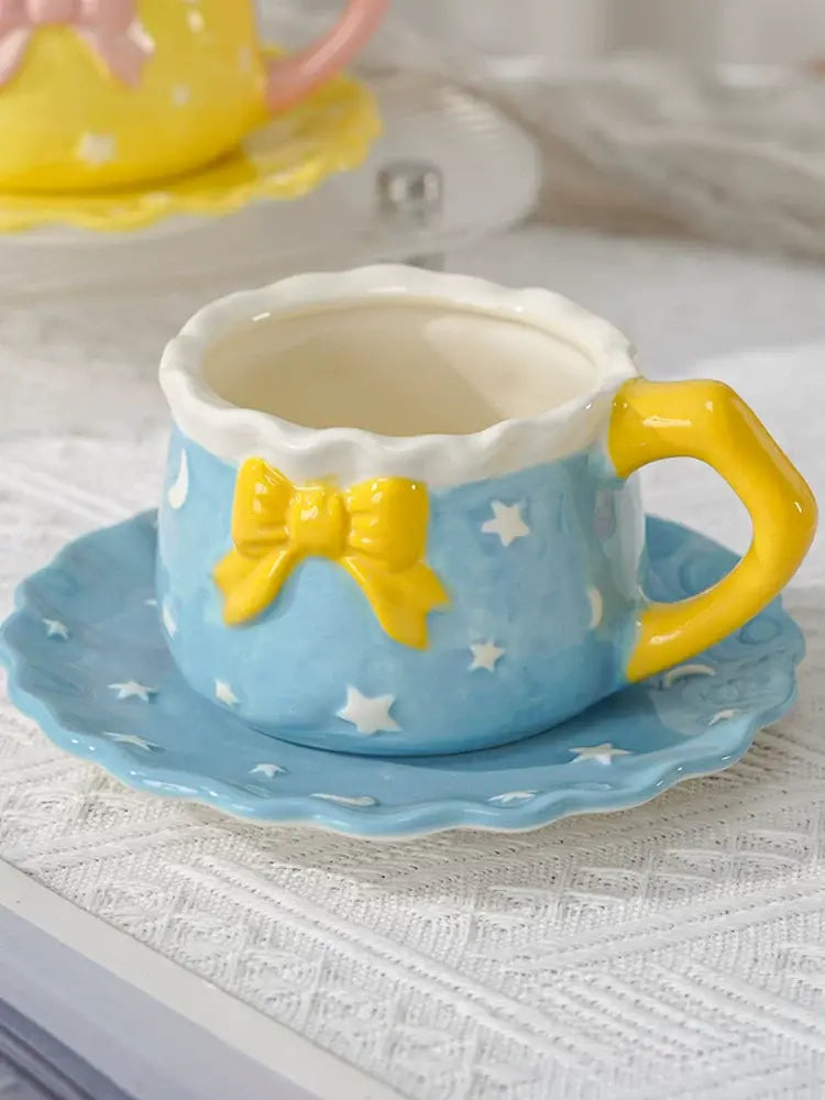 Kawaii Bow Ceramic Cup & Saucer Set  Cute Pastel Coffee & Tea Mug Star & Moon Design Sparkels  Sparkels