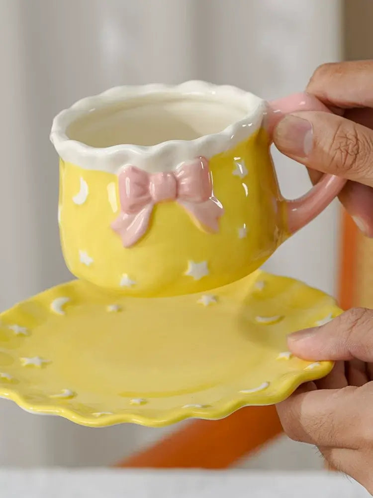 Kawaii Bow Ceramic Cup & Saucer Set  Cute Pastel Coffee & Tea Mug Star & Moon Design Sparkels  Sparkels