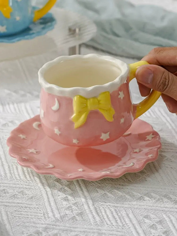 Kawaii Bow Ceramic Cup & Saucer Set  Cute Pastel Coffee & Tea Mug Star & Moon Design Sparkels  Sparkels