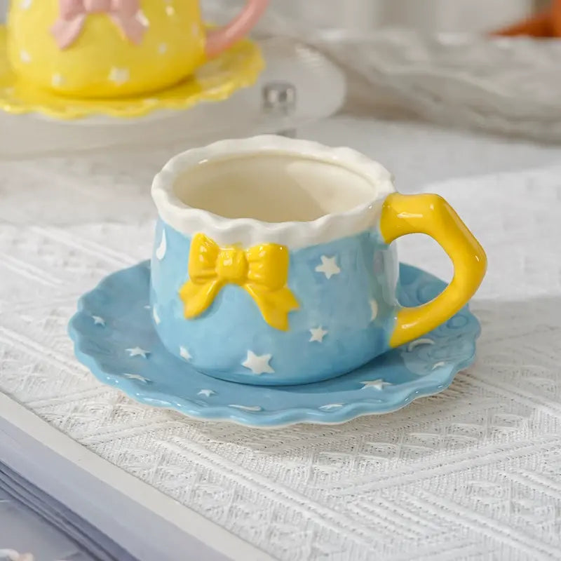 Kawaii Bow Ceramic Cup & Saucer Set  Cute Pastel Coffee & Tea Mug Star & Moon Design Sparkels  Sparkels