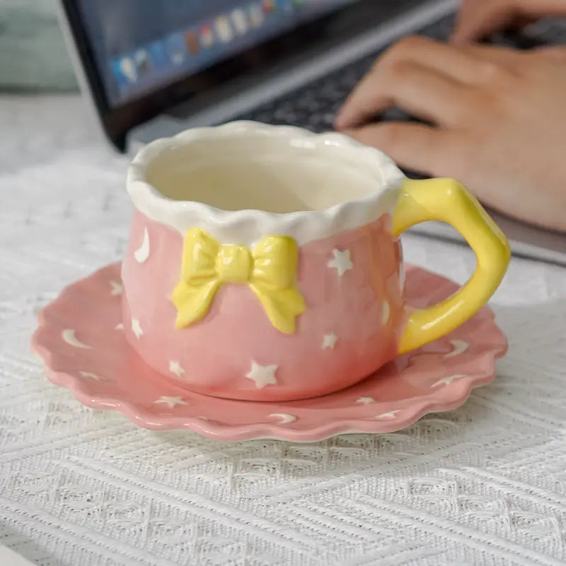 Kawaii Bow Ceramic Cup & Saucer Set  Cute Pastel Coffee & Tea Mug Star & Moon Design Sparkels  Sparkels