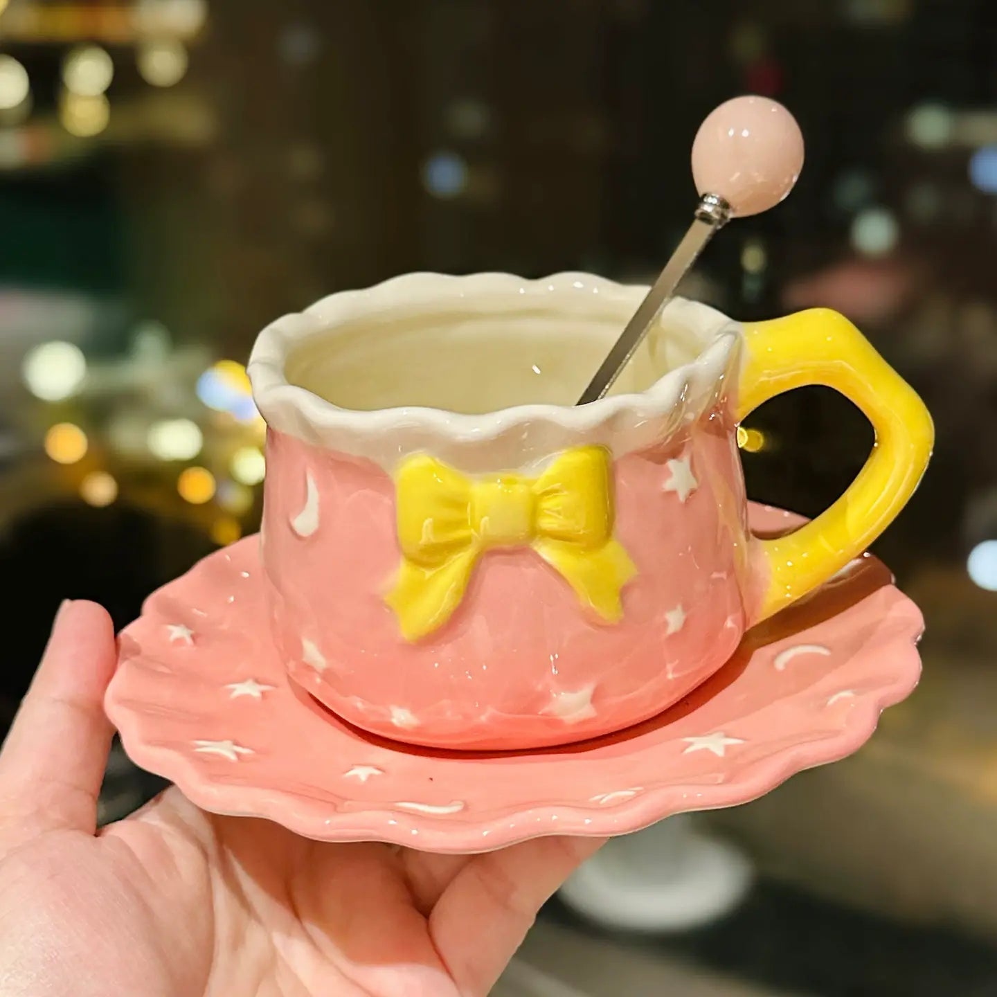 Kawaii Bow Ceramic Cup & Saucer Set  Cute Pastel Coffee & Tea Mug Star & Moon Design Sparkels  Sparkels