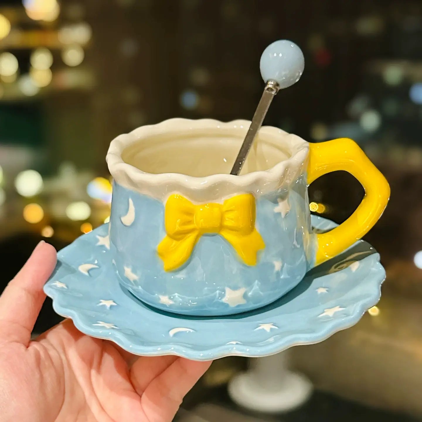 Kawaii Bow Ceramic Cup & Saucer Set  Cute Pastel Coffee & Tea Mug Star & Moon Design Sparkels  Sparkels