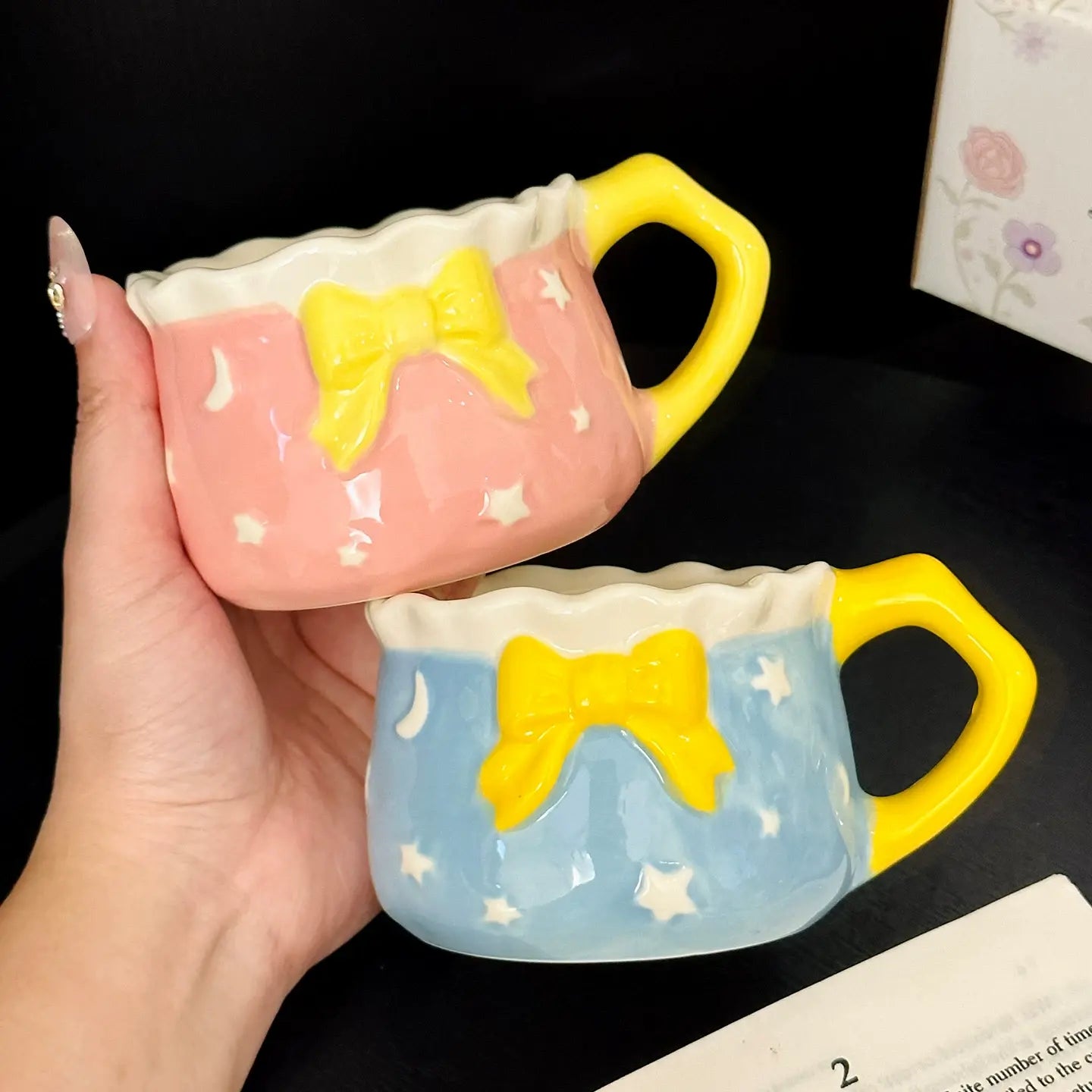 Kawaii Bow Ceramic Cup & Saucer Set  Cute Pastel Coffee & Tea Mug Star & Moon Design Sparkels  Sparkels