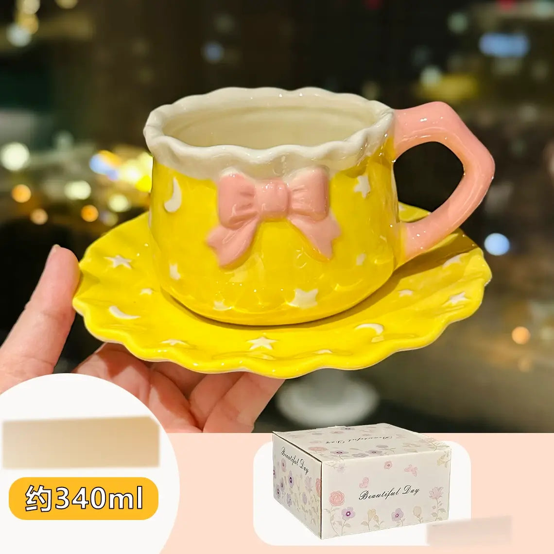 Kawaii Bow Ceramic Cup & Saucer Set  Cute Pastel Coffee & Tea Mug Star & Moon Design Sparkels  Sparkels