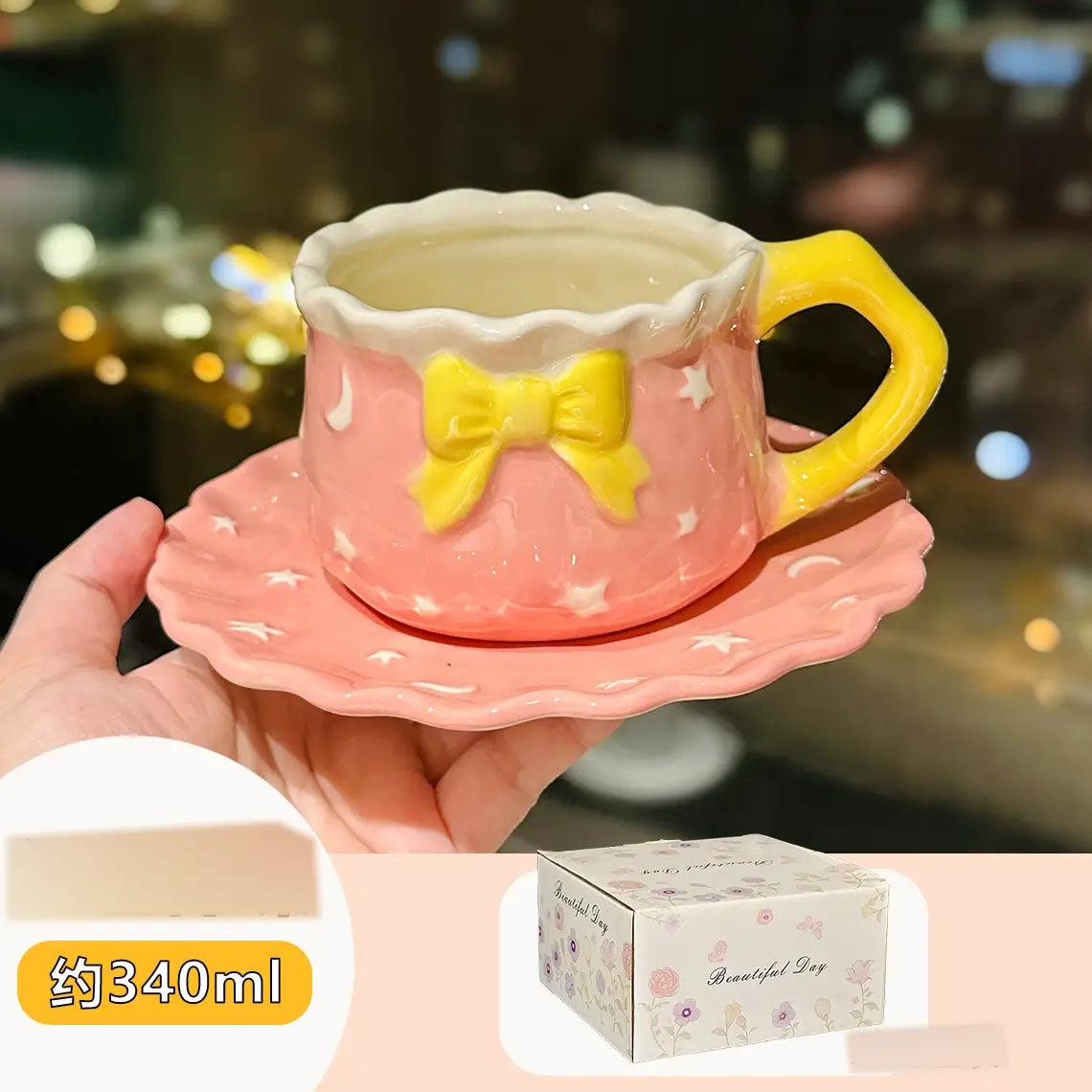 Kawaii Bow Ceramic Cup & Saucer Set  Cute Pastel Coffee & Tea Mug Star & Moon Design Sparkels  Sparkels