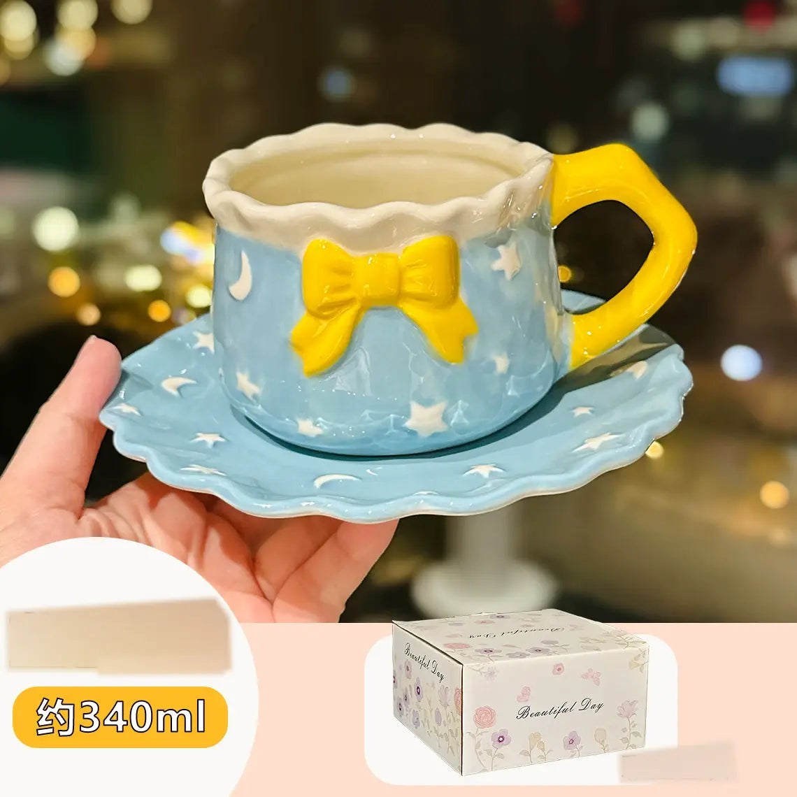 Kawaii Bow Ceramic Cup & Saucer Set  Cute Pastel Coffee & Tea Mug Star & Moon Design Sparkels  Sparkels
