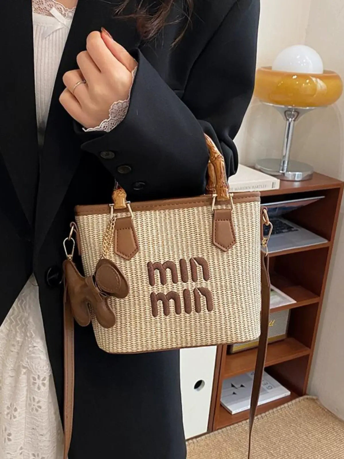 Vintage Woven Bamboo Handle Tote Bag for Women Casual Crossbody Shoulder Handbag with Charm Sparkels  Sparkels