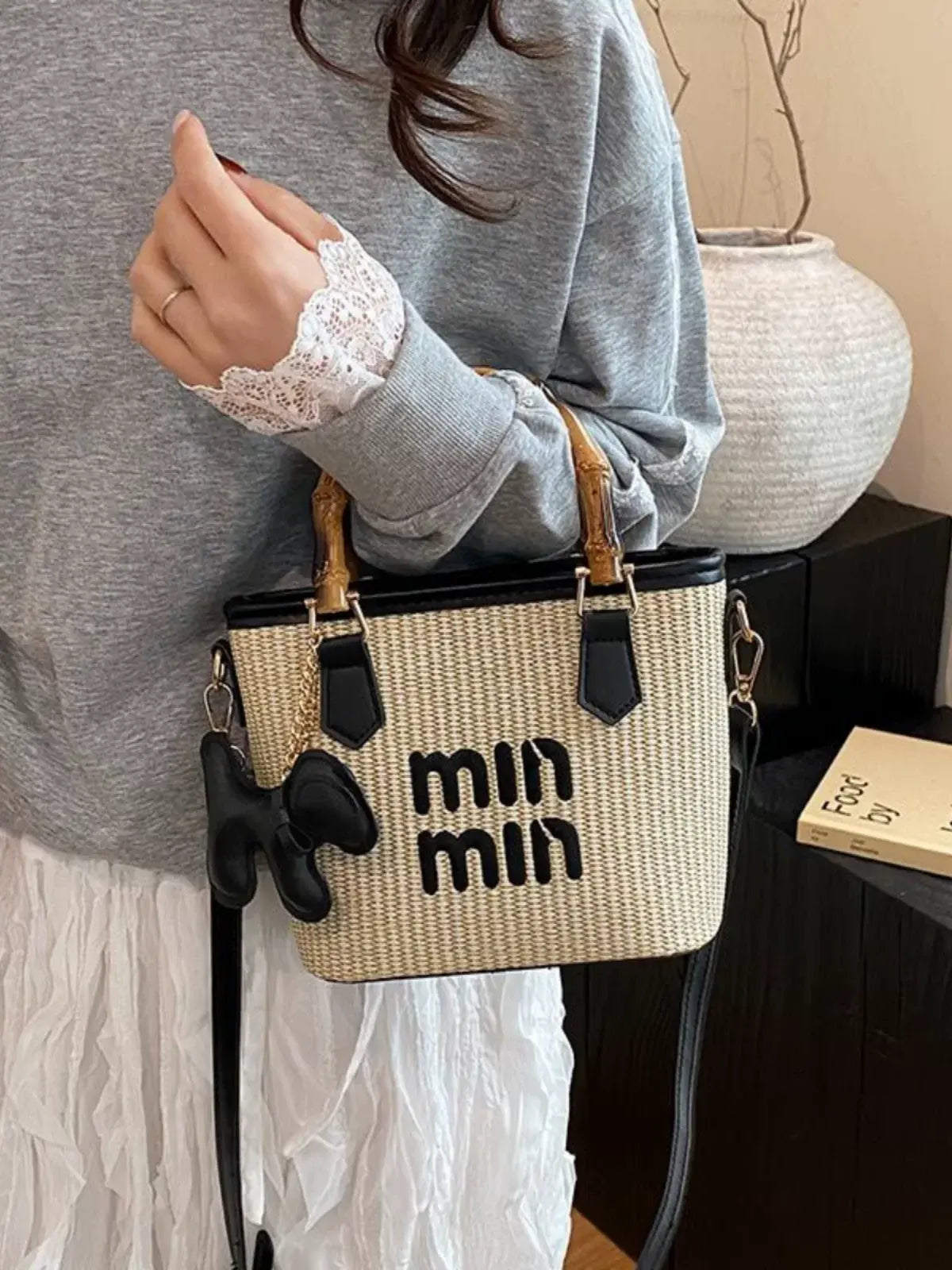 Vintage Woven Bamboo Handle Tote Bag for Women Casual Crossbody Shoulder Handbag with Charm Sparkels  Sparkels