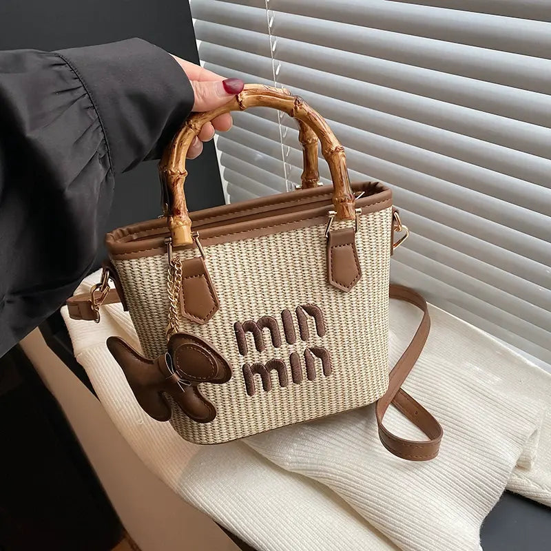 Vintage Woven Bamboo Handle Tote Bag for Women Casual Crossbody Shoulder Handbag with Charm Sparkels  Sparkels