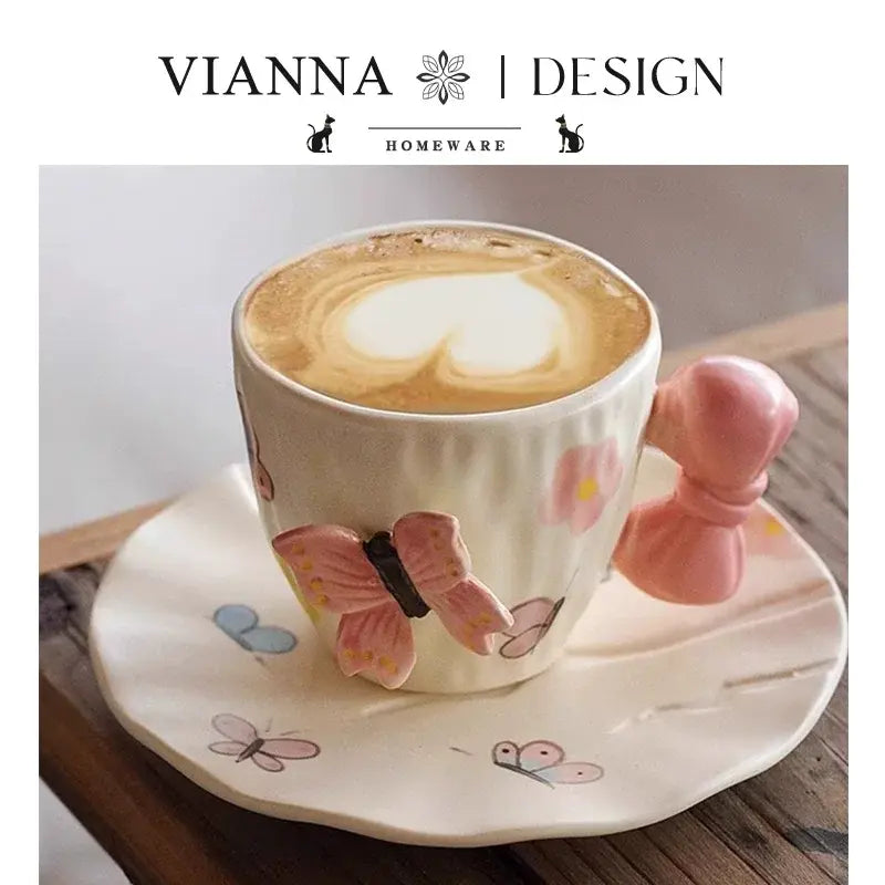 Butterfly Bow Ceramic Tea Cup & Saucer Set Cute Aesthetic Coffee Mug Sparkels  Sparkels
