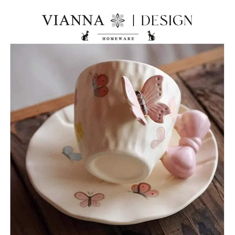 Butterfly Bow Ceramic Tea Cup & Saucer Set Cute Aesthetic Coffee Mug Sparkels  Sparkels