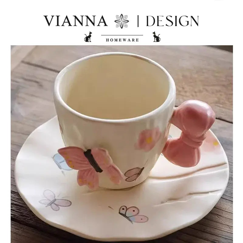 Butterfly Bow Ceramic Tea Cup & Saucer Set Cute Aesthetic Coffee Mug Sparkels  Sparkels