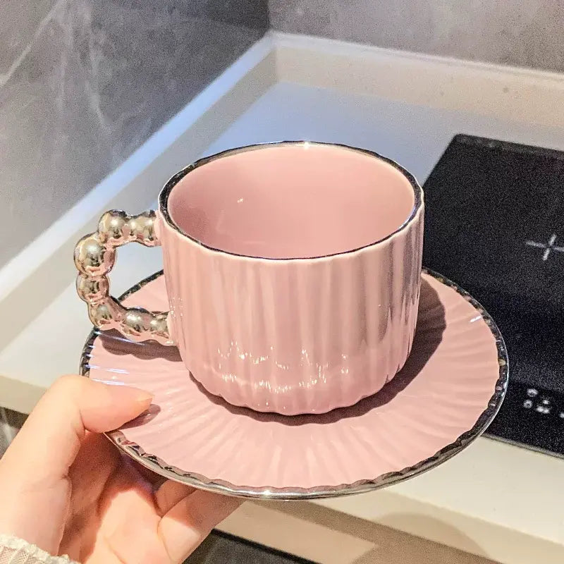 Vintage Pearl Handle Ceramic Coffee Cup & Saucer Set 280ml Luxury Tea Mug Sparkels  Sparkels