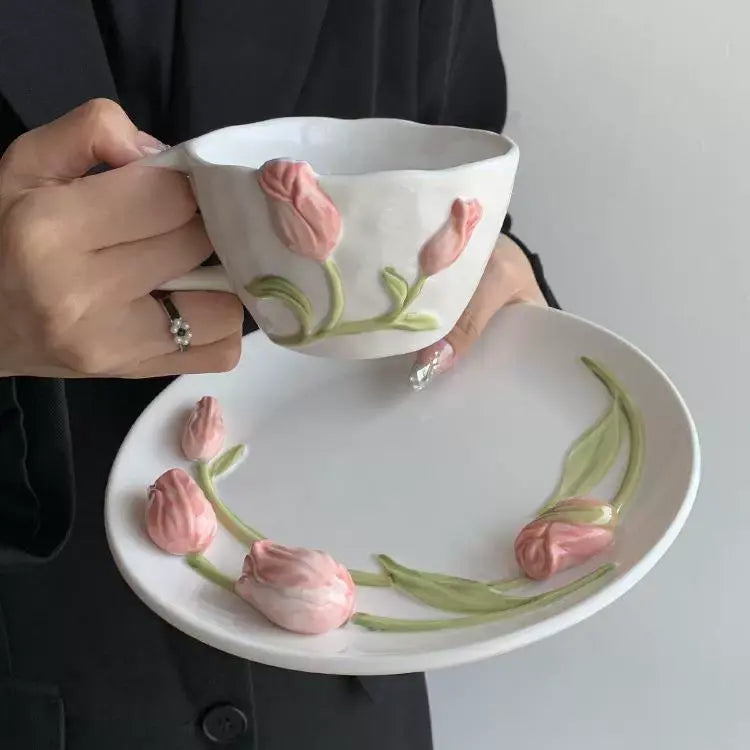 Handmade Tulip Ceramic Cup & Saucer Set 3D Relief Flower Coffee & Tea Cup with Plate Sparkels  Sparkels