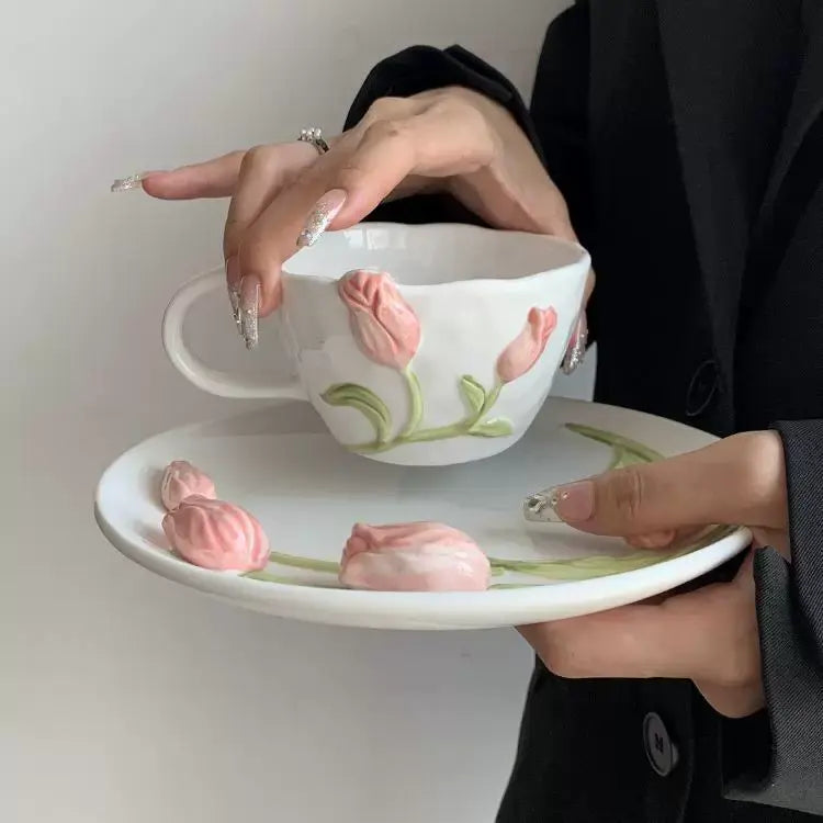 Handmade Tulip Ceramic Cup & Saucer Set 3D Relief Flower Coffee & Tea Cup with Plate Sparkels  Sparkels