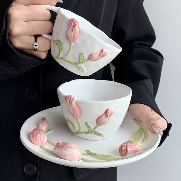 Handmade Tulip Ceramic Cup & Saucer Set 3D Relief Flower Coffee & Tea Cup with Plate Sparkels  Sparkels