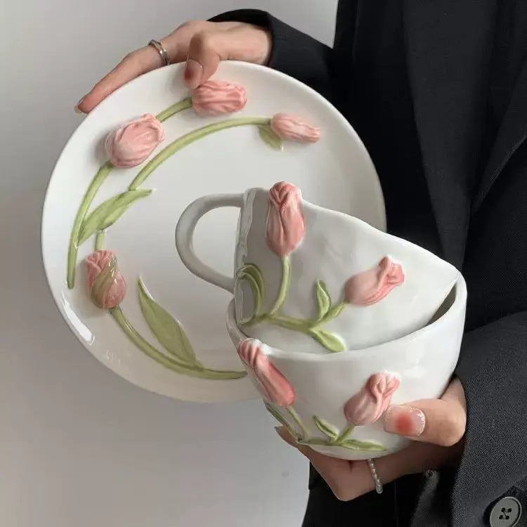 Handmade Tulip Ceramic Cup & Saucer Set 3D Relief Flower Coffee & Tea Cup with Plate Sparkels  Sparkels