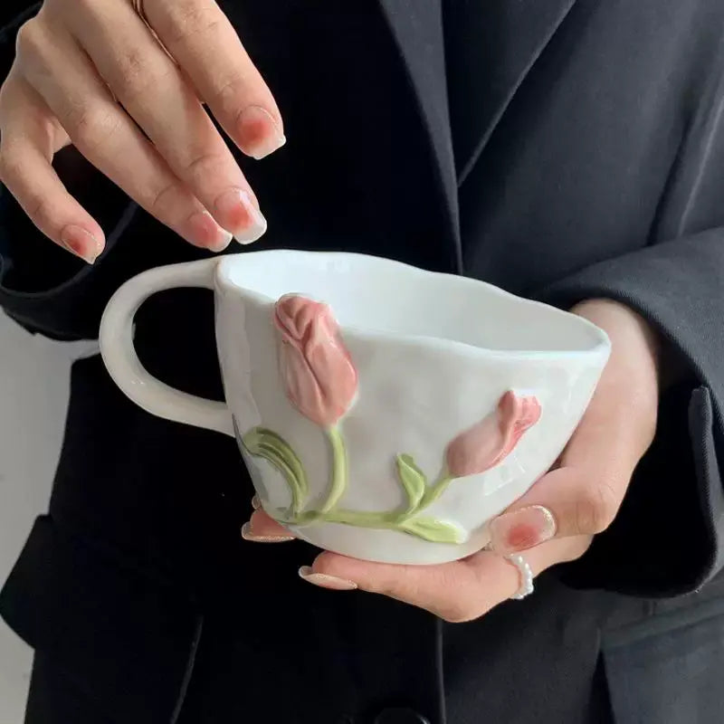 Handmade Tulip Ceramic Cup & Saucer Set 3D Relief Flower Coffee & Tea Cup with Plate Sparkels  Sparkels