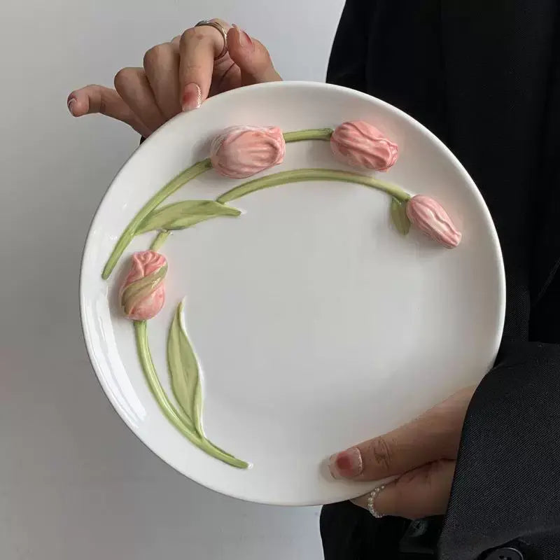 Handmade Tulip Ceramic Cup & Saucer Set 3D Relief Flower Coffee & Tea Cup with Plate Sparkels  Sparkels