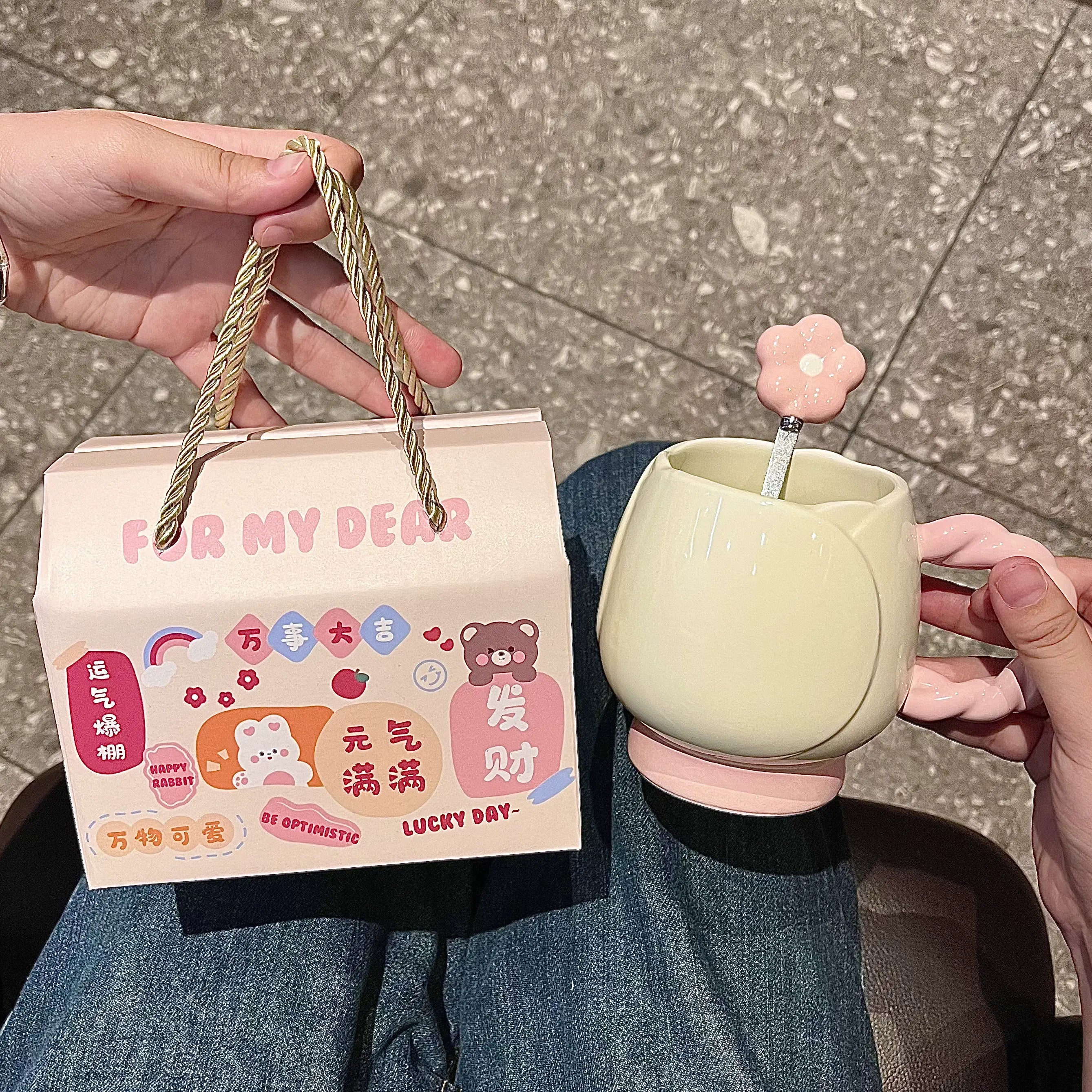 Cute Flower Handle Ceramic Mug Gift Set Kawaii Coffee & Tea Cup with Spoon and Gift Box Sparkels  Sparkels