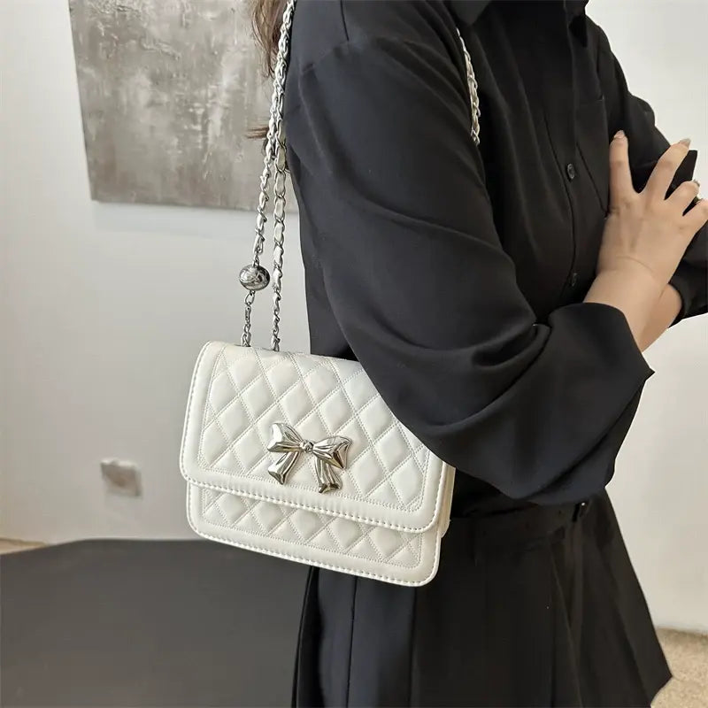 Elegant Quilted Bow Crossbody Bag for Women Chic Shoulder Handbag with Chain Strap Sparkels  Sparkels