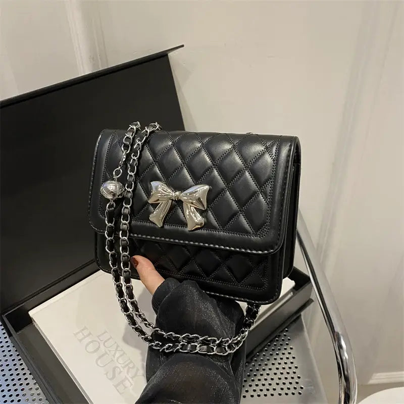 Elegant Quilted Bow Crossbody Bag for Women Chic Shoulder Handbag with Chain Strap Sparkels  Sparkels