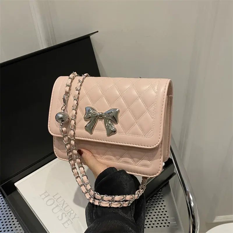 Elegant Quilted Bow Crossbody Bag for Women Chic Shoulder Handbag with Chain Strap Sparkels  Sparkels