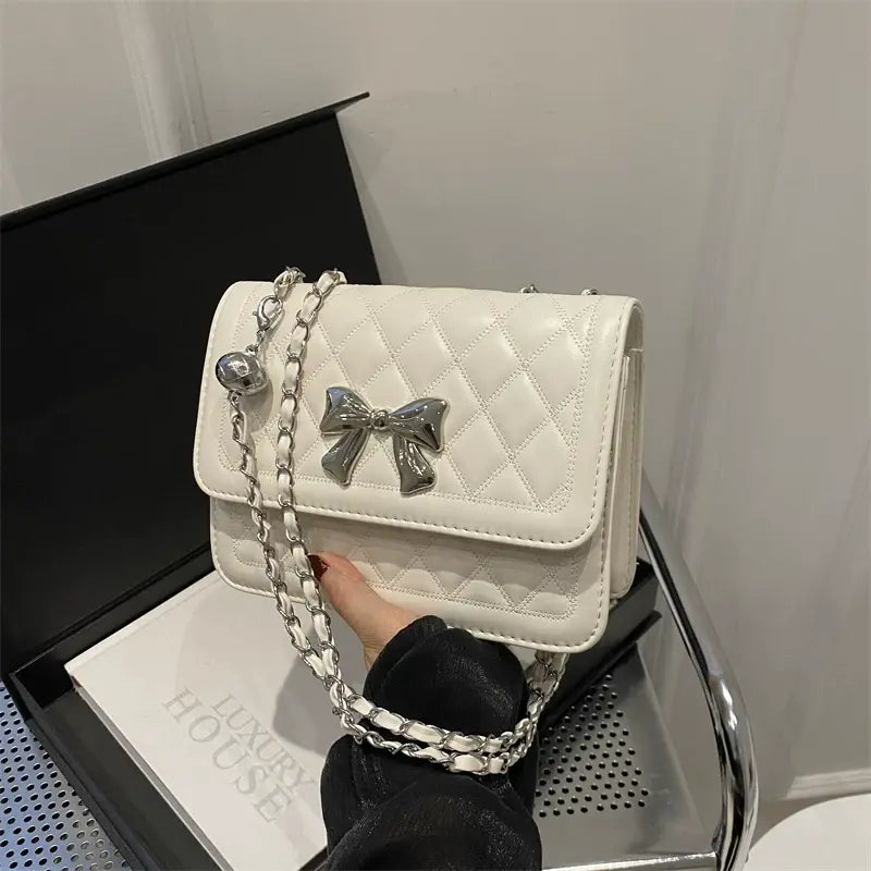 Elegant Quilted Bow Crossbody Bag for Women Chic Shoulder Handbag with Chain Strap Sparkels  Sparkels