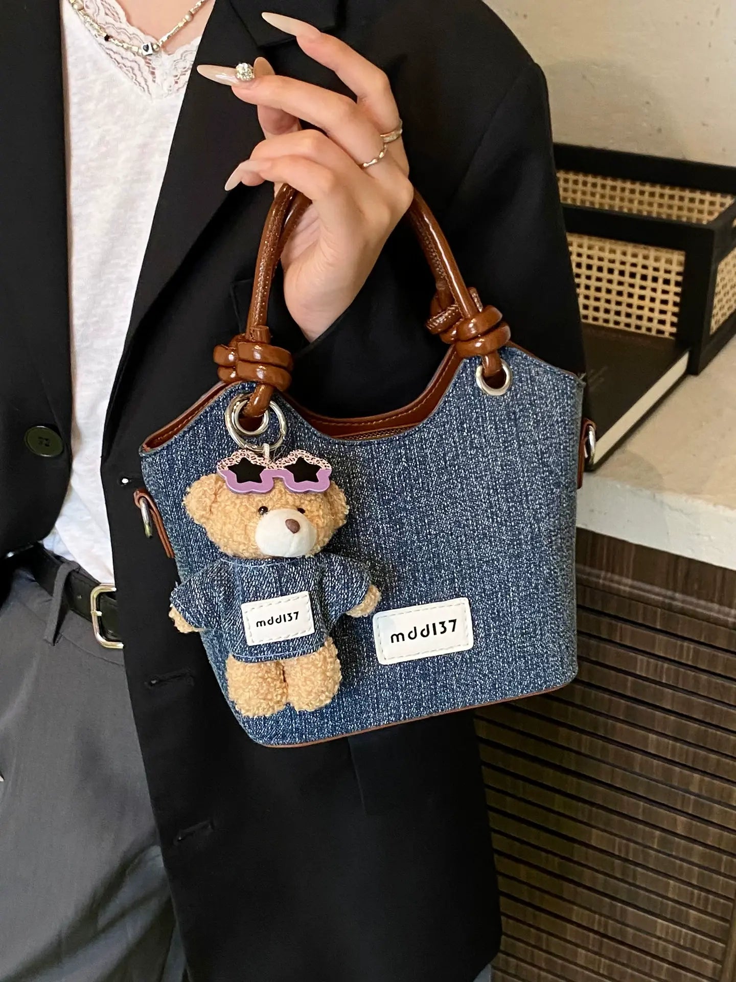 Cute Denim Teddy Bear Handbag Mini Crossbody Tote Bag for Women & Girls Sparkels  Sparkels