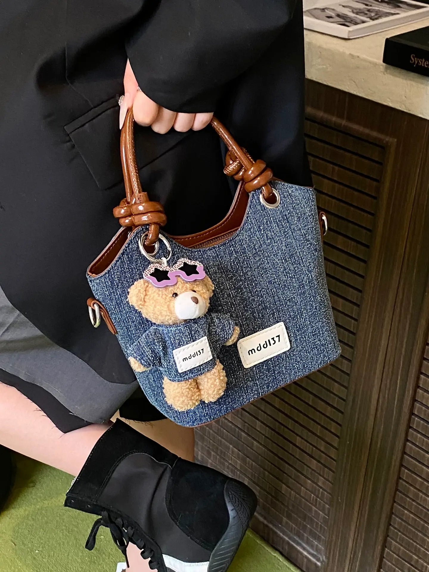 Cute Denim Teddy Bear Handbag Mini Crossbody Tote Bag for Women & Girls Sparkels  Sparkels
