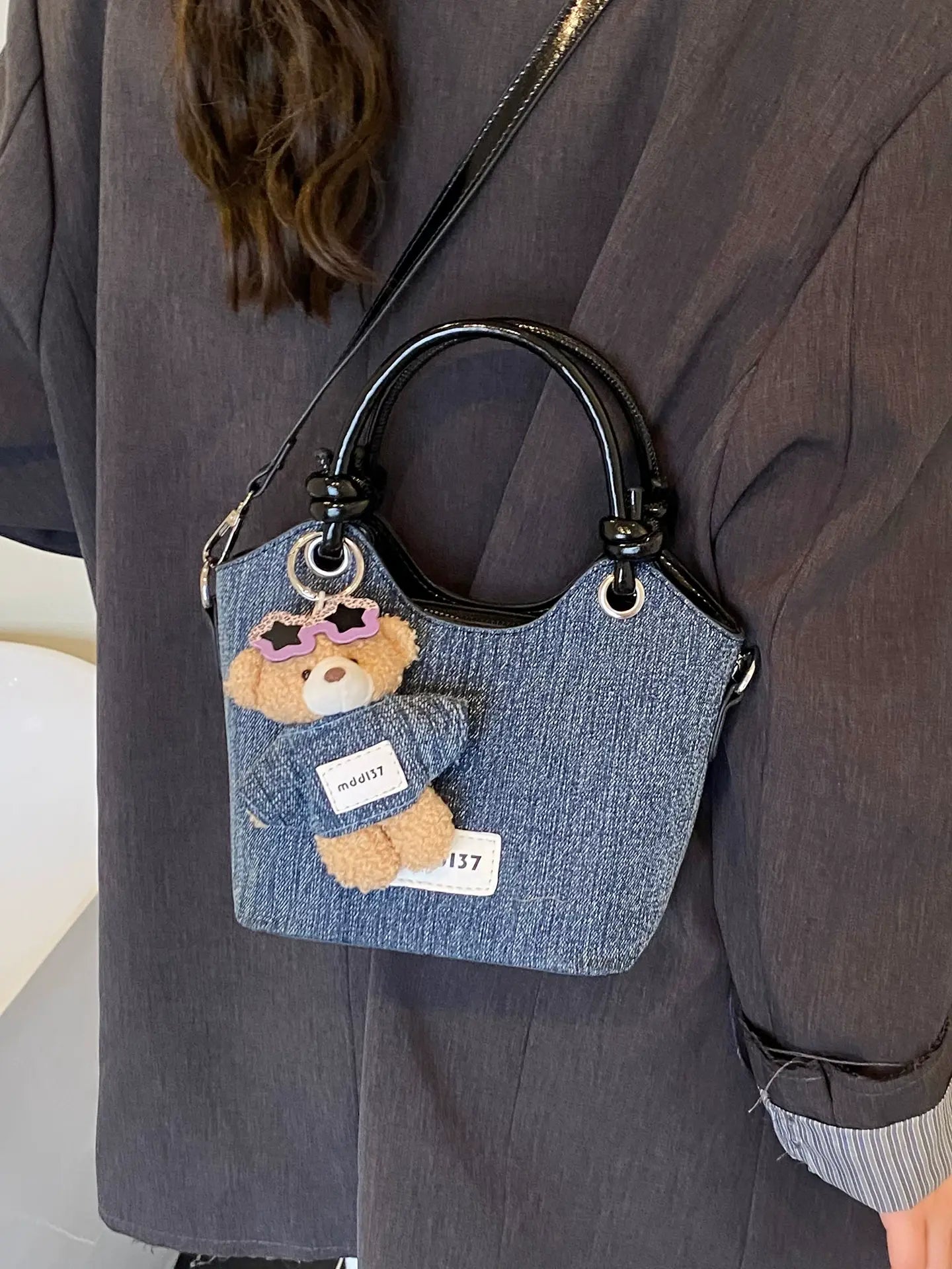 Cute Denim Teddy Bear Handbag Mini Crossbody Tote Bag for Women & Girls Sparkels  Sparkels