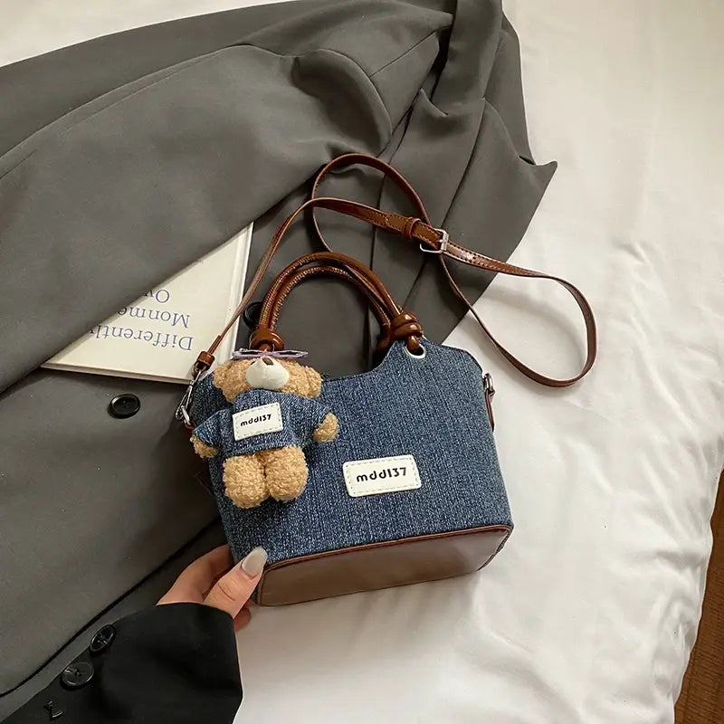 Cute Denim Teddy Bear Handbag Mini Crossbody Tote Bag for Women & Girls Sparkels  Sparkels