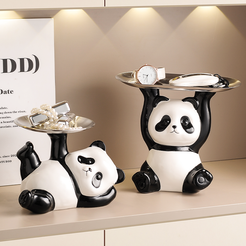 2pcs Cute Panda Decorative Tray Statue  Resin Jewelry, Watch & Key Organizer for Desk, Entryway & Vanity