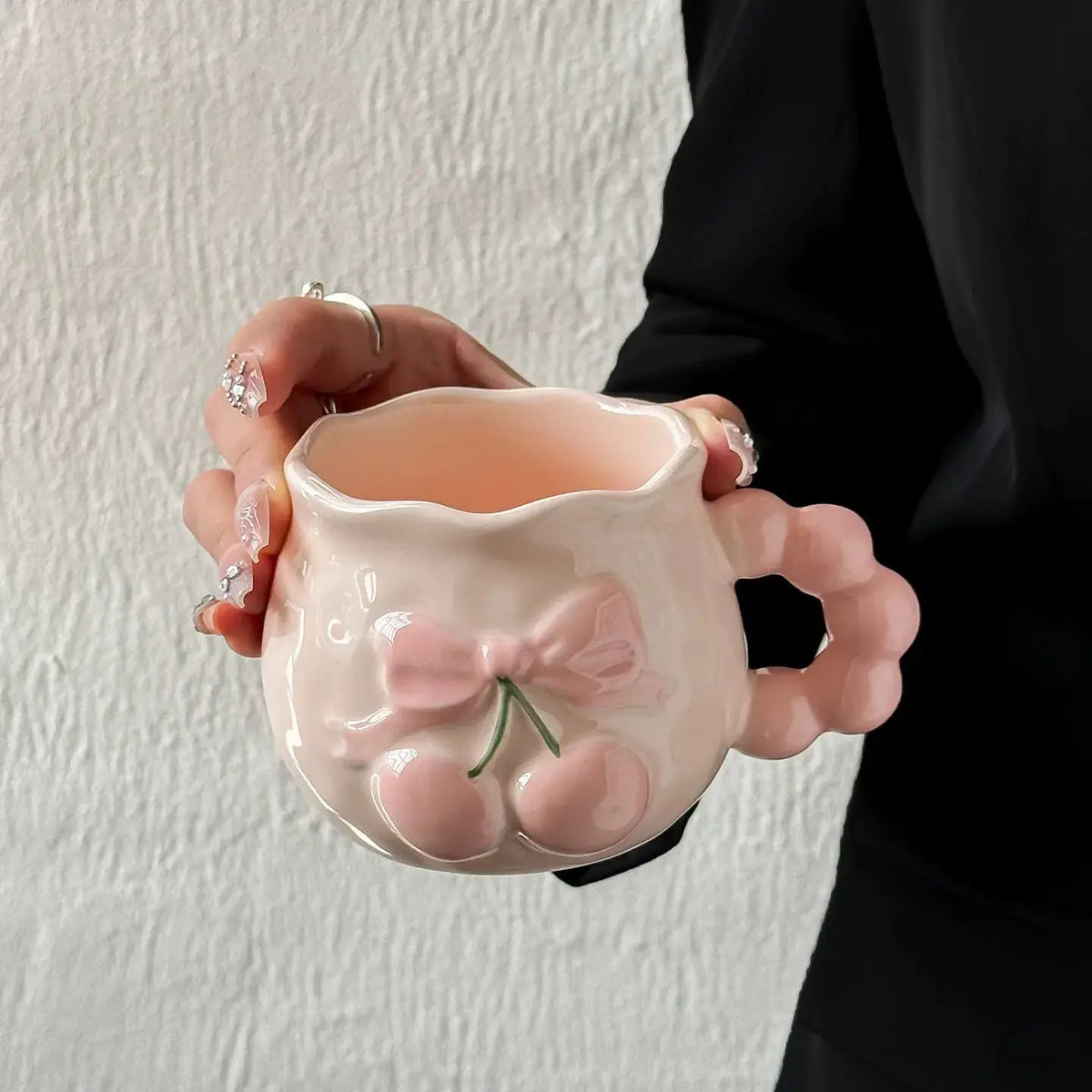 Kawaii Peach Bow Ceramic Mug with Beaded Handle Cute Pastel Coffee & Tea Cup Sparkels  Sparkels