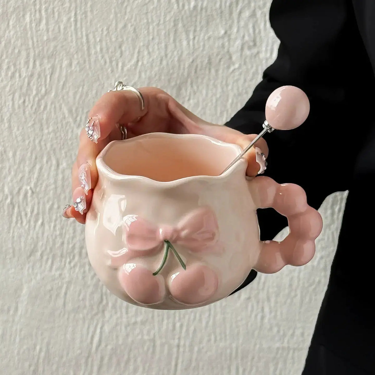 Kawaii Peach Bow Ceramic Mug with Beaded Handle Cute Pastel Coffee & Tea Cup Sparkels  Sparkels
