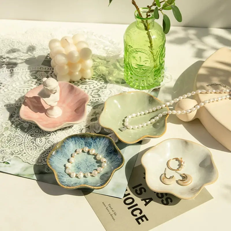 Elegant Ceramic Flower Jewelry Trinket Dish  Ring Holder & Vanity Organizer Bowl Sparkels  Sparkels