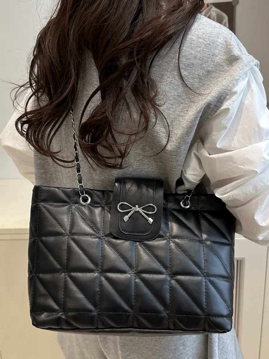 Quilted Bow Chain Shoulder Bag for Women Elegant PU Leather Tote & Crossbody Handbag Sparkels  Sparkels