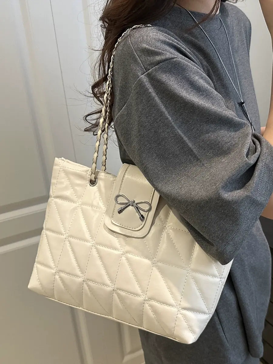 Quilted Bow Chain Shoulder Bag for Women Elegant PU Leather Tote & Crossbody Handbag Sparkels  Sparkels