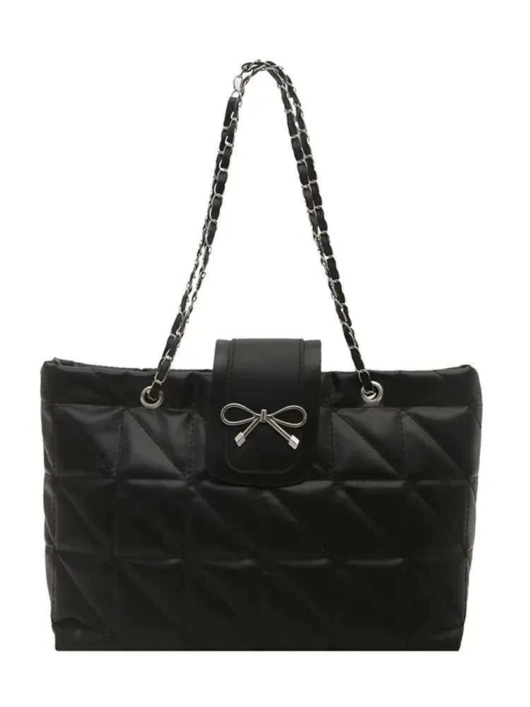 Quilted Bow Chain Shoulder Bag for Women Elegant PU Leather Tote & Crossbody Handbag Sparkels  Sparkels