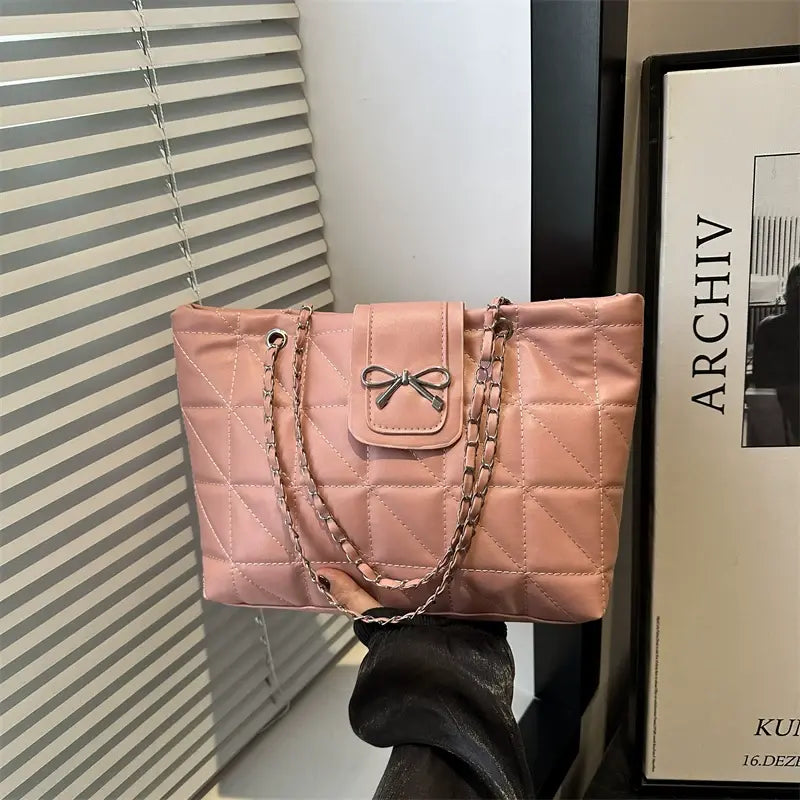 Quilted Bow Chain Shoulder Bag for Women Elegant PU Leather Tote & Crossbody Handbag Sparkels  Sparkels