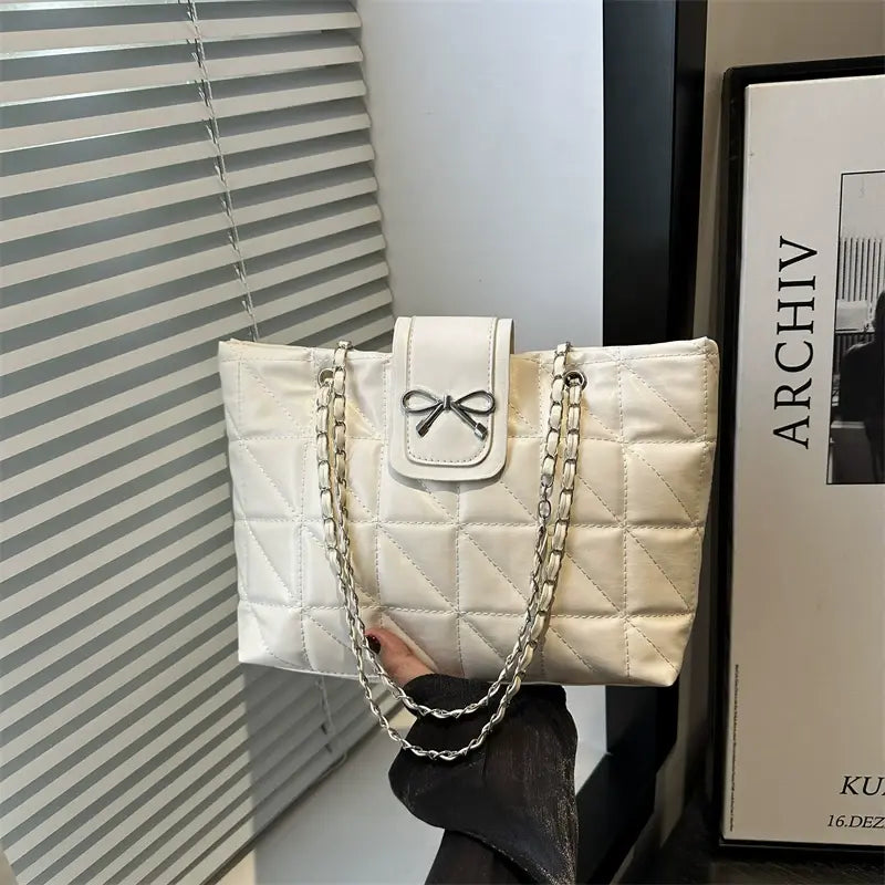 Quilted Bow Chain Shoulder Bag for Women Elegant PU Leather Tote & Crossbody Handbag Sparkels  Sparkels