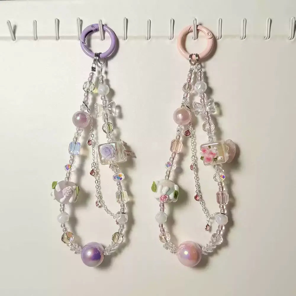 Vintage Crystal Beaded Flower Charm Keychain Aesthetic Pearl & Glass Bead Bag Chain Sparkels  Sparkels
