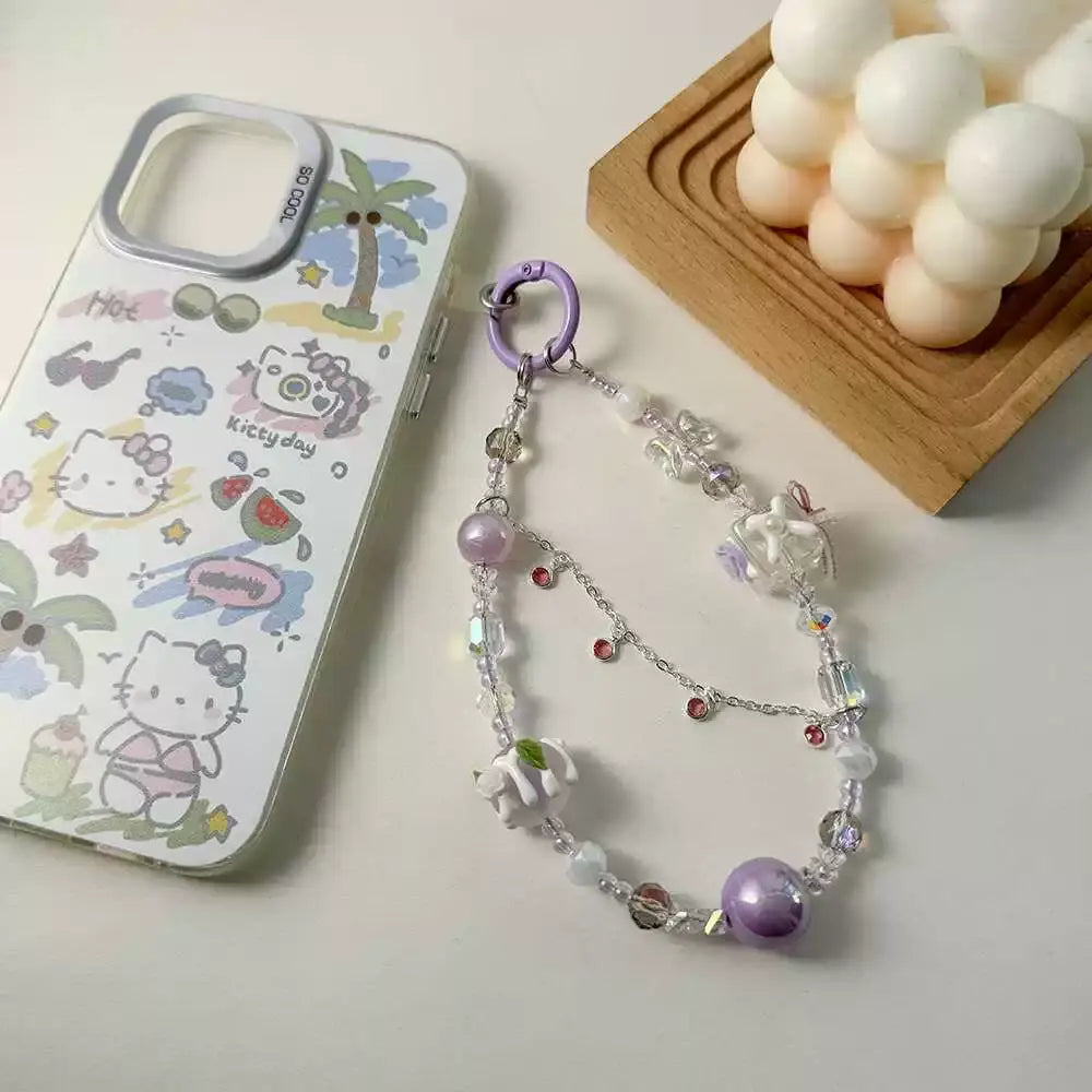 Vintage Crystal Beaded Flower Charm Keychain Aesthetic Pearl & Glass Bead Bag Chain Sparkels  Sparkels