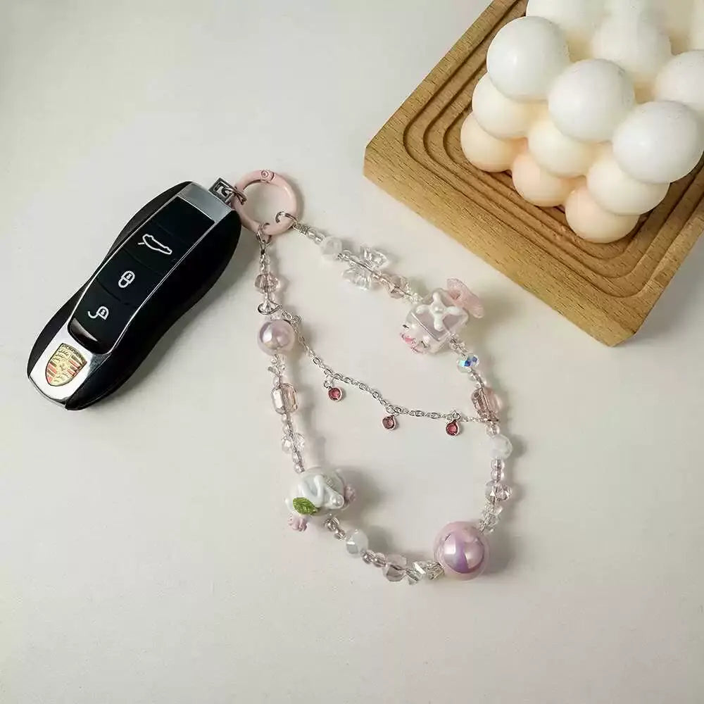 Vintage Crystal Beaded Flower Charm Keychain Aesthetic Pearl & Glass Bead Bag Chain Sparkels  Sparkels