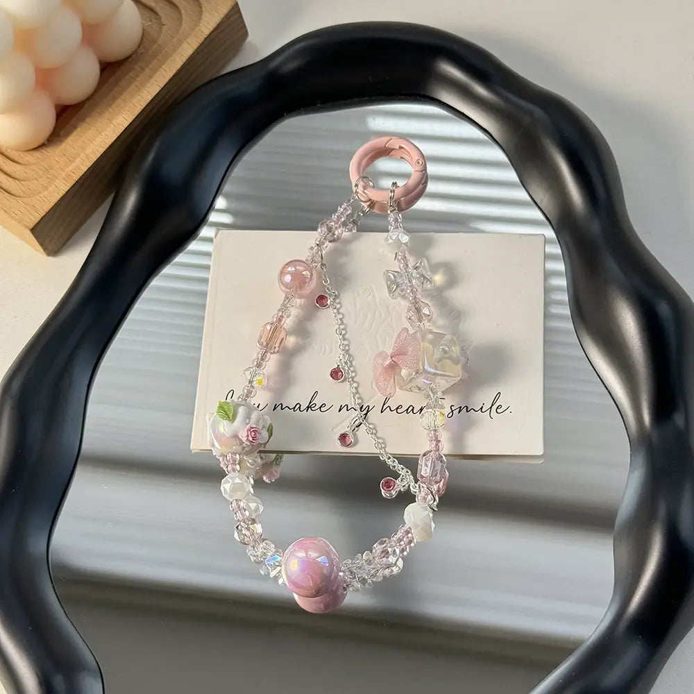 Vintage Crystal Beaded Flower Charm Keychain Aesthetic Pearl & Glass Bead Bag Chain Sparkels  Sparkels