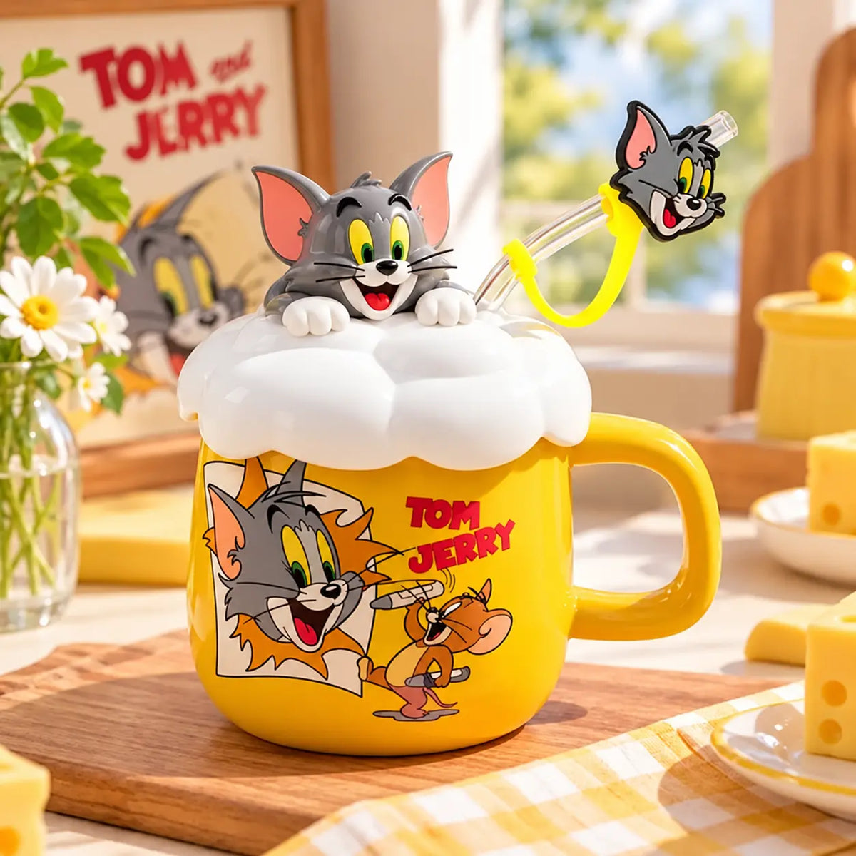 Tom & Jerry 3D Ceramic Mug with Cloud Lid & Straw
